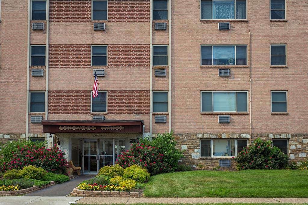 Exterior view of residential buildings at Longwood Manor apartments for rent in Philadelphia, PA