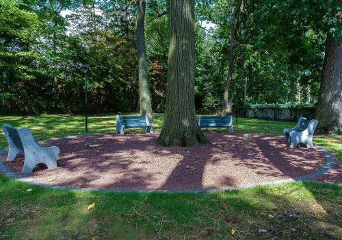 Outdoor bench seating area surrounding a tree at Eola Park apartments for rent in Philadelphia, PA