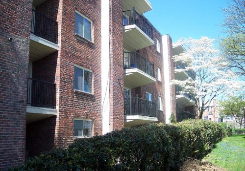 Exterior of residential buildings at Haverford Court apartments for rent in Philadelphia, PA